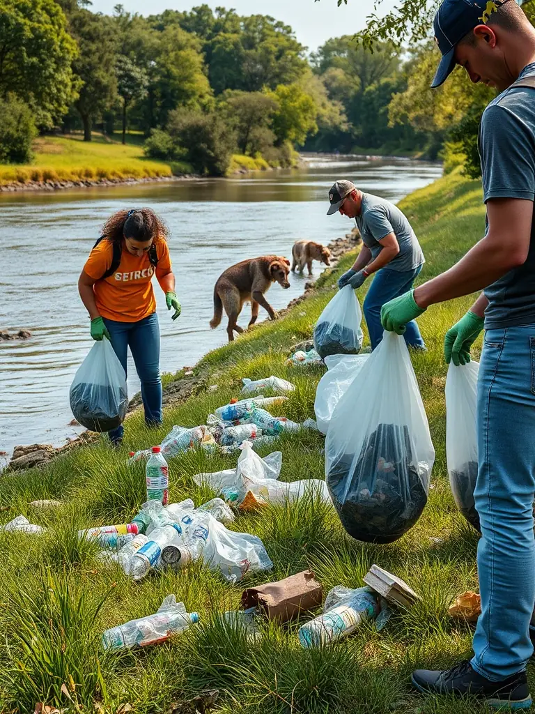 Volunteers from AAPPCE cleaning up litter and debris along the banks of a local river, showcasing their commitment to environmental conservation.