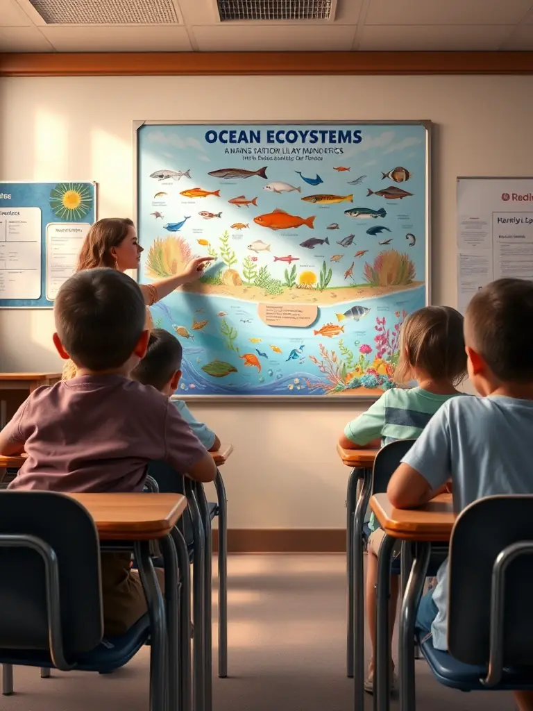 A group of children participating in a fishing workshop organized by AAPPCE, learning about responsible angling and aquatic conservation in a classroom setting.