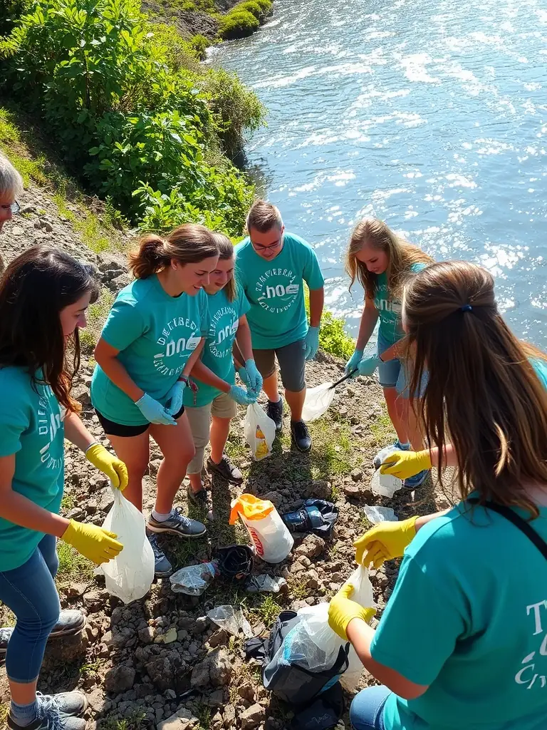 A photograph depicting volunteers cleaning up debris along a riverbank, emphasizing the club's commitment to environmental conservation and habitat restoration.
