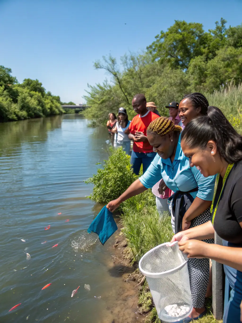 A photograph showing club members stocking a local lake with fish, illustrating the club's efforts to enhance fish populations and promote angling opportunities.