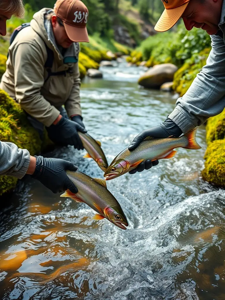 A photo of a tagged fish being released back into the river by AAPPCE members, highlighting the club's fish monitoring and conservation efforts.